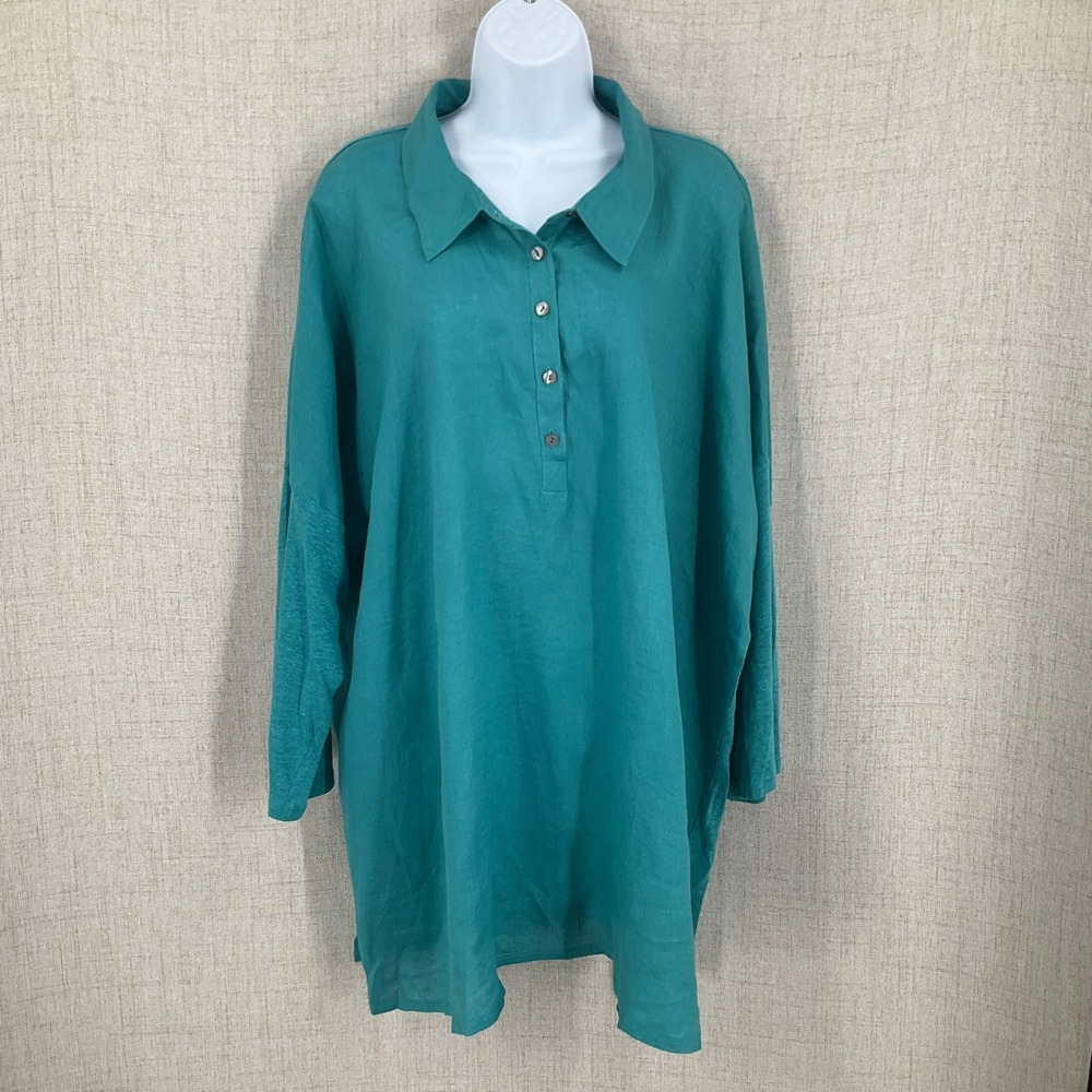 J. Jill Tunic Top Womens 4X Teal 100% Linen Knit Oversized Coastal Minimalist